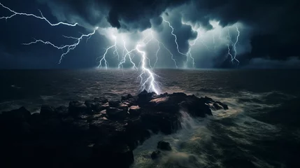 Fotobehang Drone Photography, capturing the dynamic beauty of a thunderstorm at sea, dark clouds swirling overhead, lightning illuminating the sky, waves crashing against rocks © Geanysol