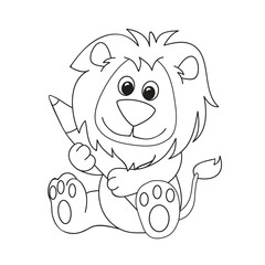 Coloring page of cute little lion with pencil for preschool kids activity educational worksheet.