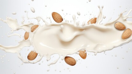 Pouring almond alternative milk liquid splashes with almond nuts background. Plant based eco organic healthy beverage concept