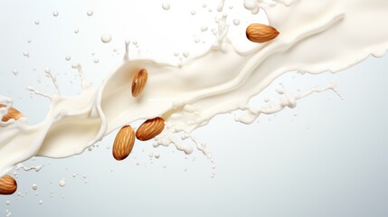 Pouring almond alternative milk liquid splashes with almond nuts background. Plant based eco organic healthy beverage concept - obrazy, fototapety, plakaty