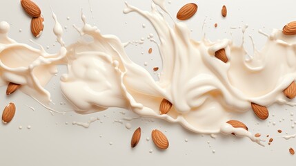 Pouring almond alternative milk liquid splashes with almond nuts background. Plant based eco organic healthy beverage concept - obrazy, fototapety, plakaty