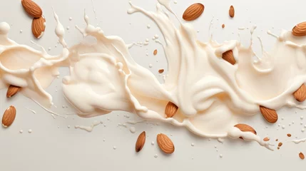 Fotobehang Pouring almond alternative milk liquid splashes with almond nuts background. Plant based eco organic healthy beverage concept © eireenz