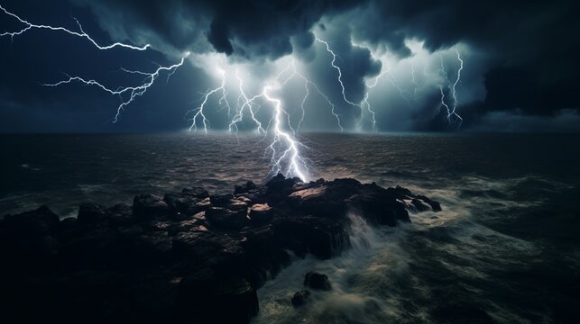 Drone Photography, capturing the dynamic beauty of a thunderstorm at sea, dark clouds swirling overhead, lightning illuminating the sky, waves crashing against rocks