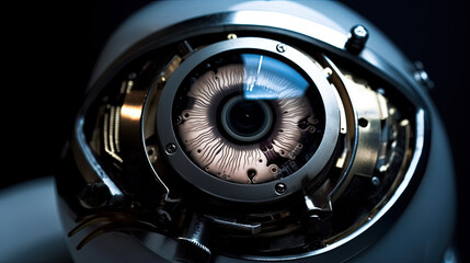Fototapeta na wymiar Power core and gear generator concept with energy flow inside robot eye