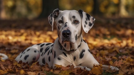 Dalmatian dog lying in autumn leaves and looking at camera