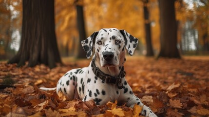 Dalmatian dog in autumn park. Selective focus.