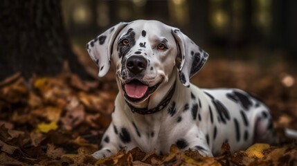 Dalmatian dog lying in the autumn leaves in the forest
