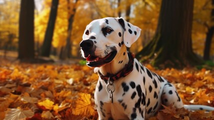 Dalmatian dog sitting in the autumn park with yellow leaves