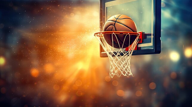 The basketball hit the hoop. The concept of success and scoring in a team game. Design for sports club, competition or training. Illustration for banner, poster, cover, brochure or presentation.