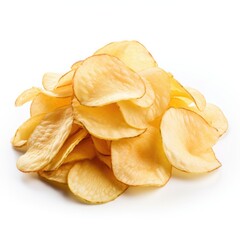 A pile of potato chips on a white background. Generative AI.