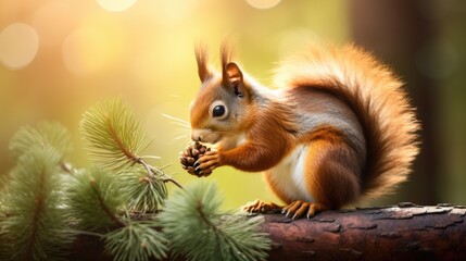 Squirrel eating pine cone on branch in tree. Nature background. Illustration for cover, card, postcard, interior design, decor or print.