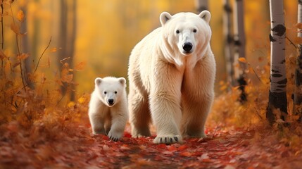 Fototapeta premium Polar bear in the autumn picturesque forest