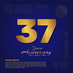 37th anniversary celebration template design with a golden pattern number style isolated on a blue background, vector template