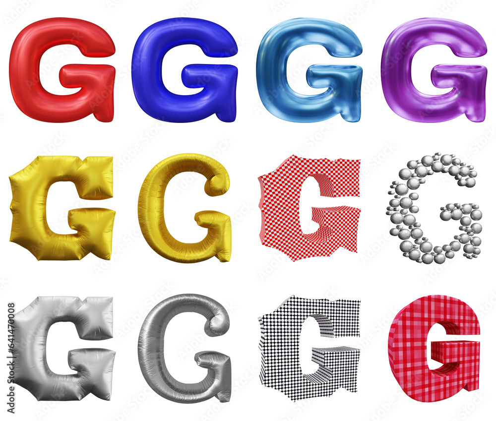Poster set of alphabet letter g in 3d rendering isolated on transparent background for education and text c