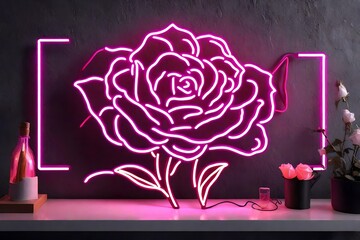 pink rose, neon sign, neon light effect, wall decor