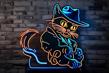 cat with a hart, neon sign, neon effect, brick wall decor