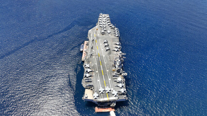 Aerial drone photo of latest technology USS Gerald R. Ford, nuclear powered aircraft carrier...