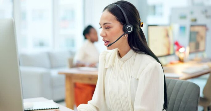 Call center, customer service and woman in office talking on computer for advice, help and consulting. Telemarketing, business and person in conversation for communication, CRM support and contact