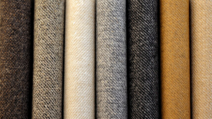 stack pile of colorful textile fabric cloth material made from linen and cotton on a wooden table