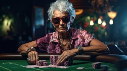 Elderly woman addicted to gambling  is sitting at the poker table with poker face. Generative AI