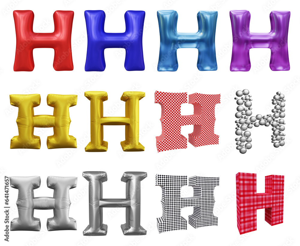 Poster set of alphabet letter h in 3d rendering isolated on transparent background for education and text c