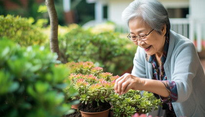 elderly asia woman planting flowers in front garden made with generative AI