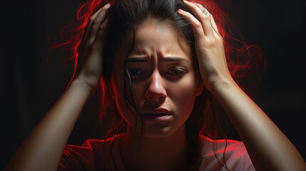 Attack of the migraine. Sinus pain. Unhappy Retired Woman holding her head with pain expression .