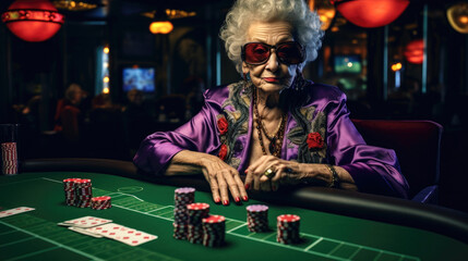 Elderly woman addicted to gambling  is sitting at the poker table with poker face. Generative AI - obrazy, fototapety, plakaty
