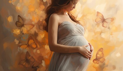 Portrait of young pregnant woman holding hands on her belly. Copy space. Pregnancy, motherhood