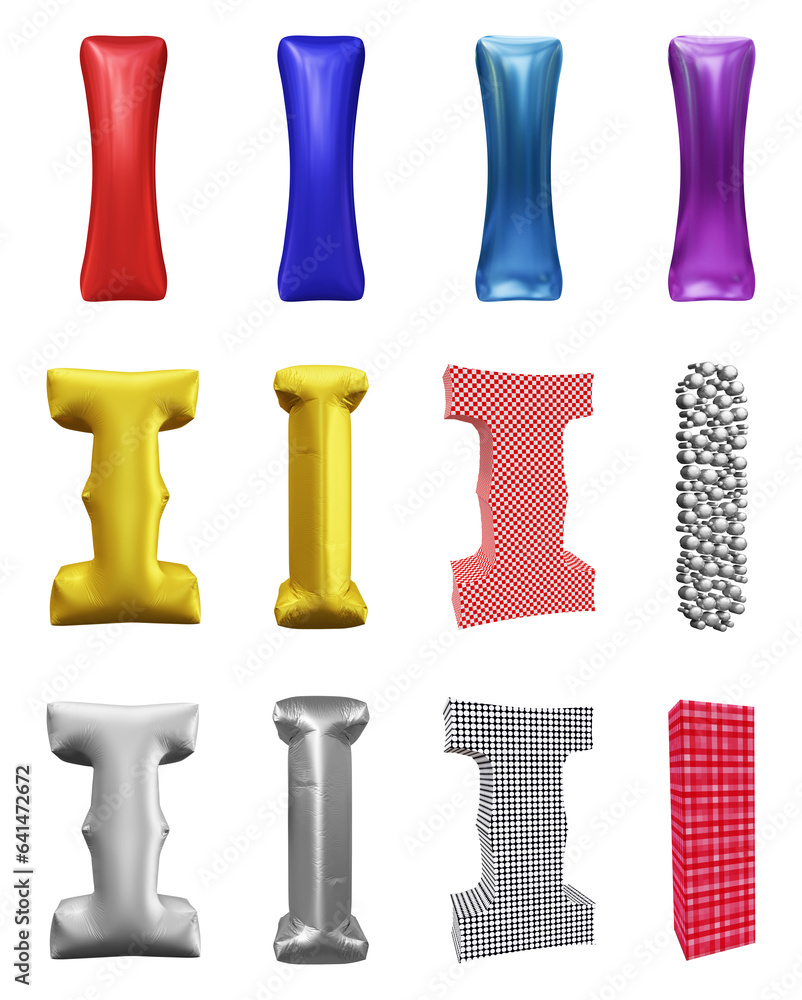 Poster set of alphabet letter i in 3d rendering isolated on transparent background for education and text c
