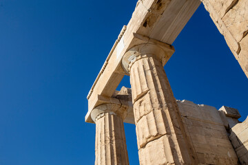Many marble columns in a row in ancient restored Parthenon Acropolis in Athens, Greece