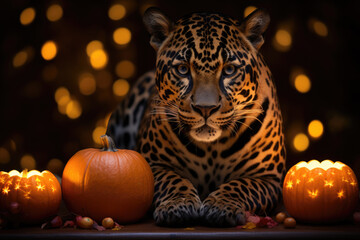 Jaguar sitting near candles and pumpkins