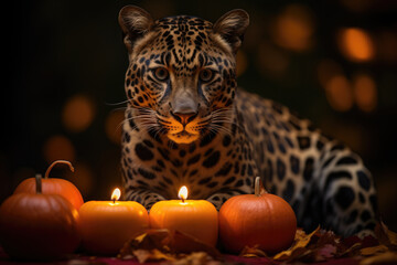 Jaguar sitting near candles and pumpkins