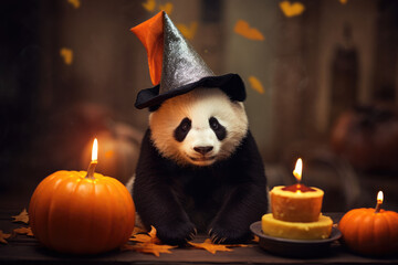 Panda in halloween hat sitting near candles and pumpkins