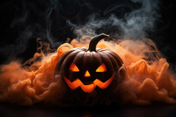 Mistical halloween pumpkin in orange smoke