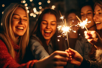 Close up image of happy friends enjoying out with sparklers - Group of young people celebrating new year eve with fireworks - 641473006