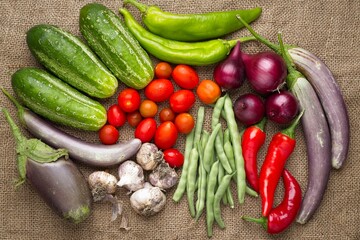 Flat lay of assorted vegetables.