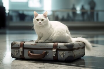 A cute white cat is lying on suitcases, in the airport room