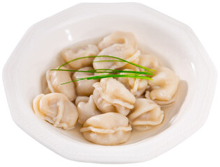 Appetizing meat dumplings with broth served on plate. Isolated over white background