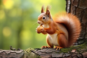 Naklejka na ściany i meble Small squirrel nibbling nut outdoors.