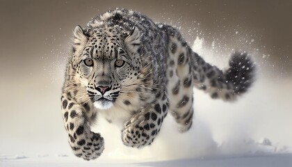 Graceful Snow Leopard in Full Stride Through a Winter Wonderland
