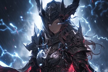 stormy warrior in electric armor battles darkness, Generative AI