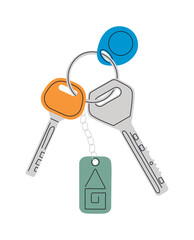 Door keys with keychain. Cartoon keys with keyring. Pendant in form of house. Home key from apartment on white background. Keys for locking house or apartment. Isolated vector illustration.