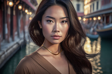 Obraz premium Elegant and Sophisticated: An Asian Woman's Exploration of the Art, Architecture, and Culture of Venice, ai generative