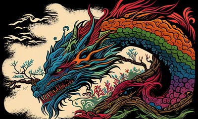 Psychedelic Dragon in Japanese Woodblock Print Style: A Vibrant and Colorful Artwork Celebrating Mythical Creatures and Traditional Techniques.