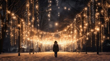 girl in the park adorned with strings of twinkling lights against a snowy backdrop, capturing the whimsy and magic of the winter season. - obrazy, fototapety, plakaty