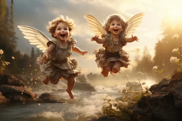 Fotobehang angel art cupid Cute children, purity innocence, wings with feathers fly, bible religion, baptism christening god, newborn cupid kindness birthday greetings . © Ruslan Batiuk