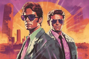 Two men standing in front and buildings on the background. Blockbuster poster 80s. Movie poster concept © Canvas Alchemy