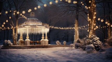 a park adorned with strings of twinkling lights against a snowy backdrop, capturing the whimsy and magic of the winter season.