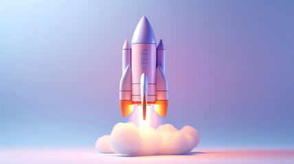 Pastel color 3d space rocket taking off into the sky